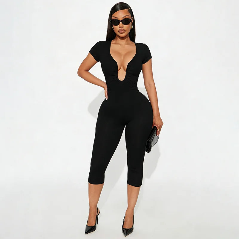 Short Sleeve Sexy Club Party Jumpsuit Women Y2K Casual Autumn Winter V Neck Bodycon Black Overalls Rompers Streetwear Vacation