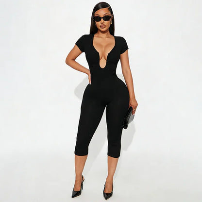 Short Sleeve Sexy Club Party Jumpsuit Women Y2K Casual Autumn Winter V Neck Bodycon Black Overalls Rompers Streetwear Vacation