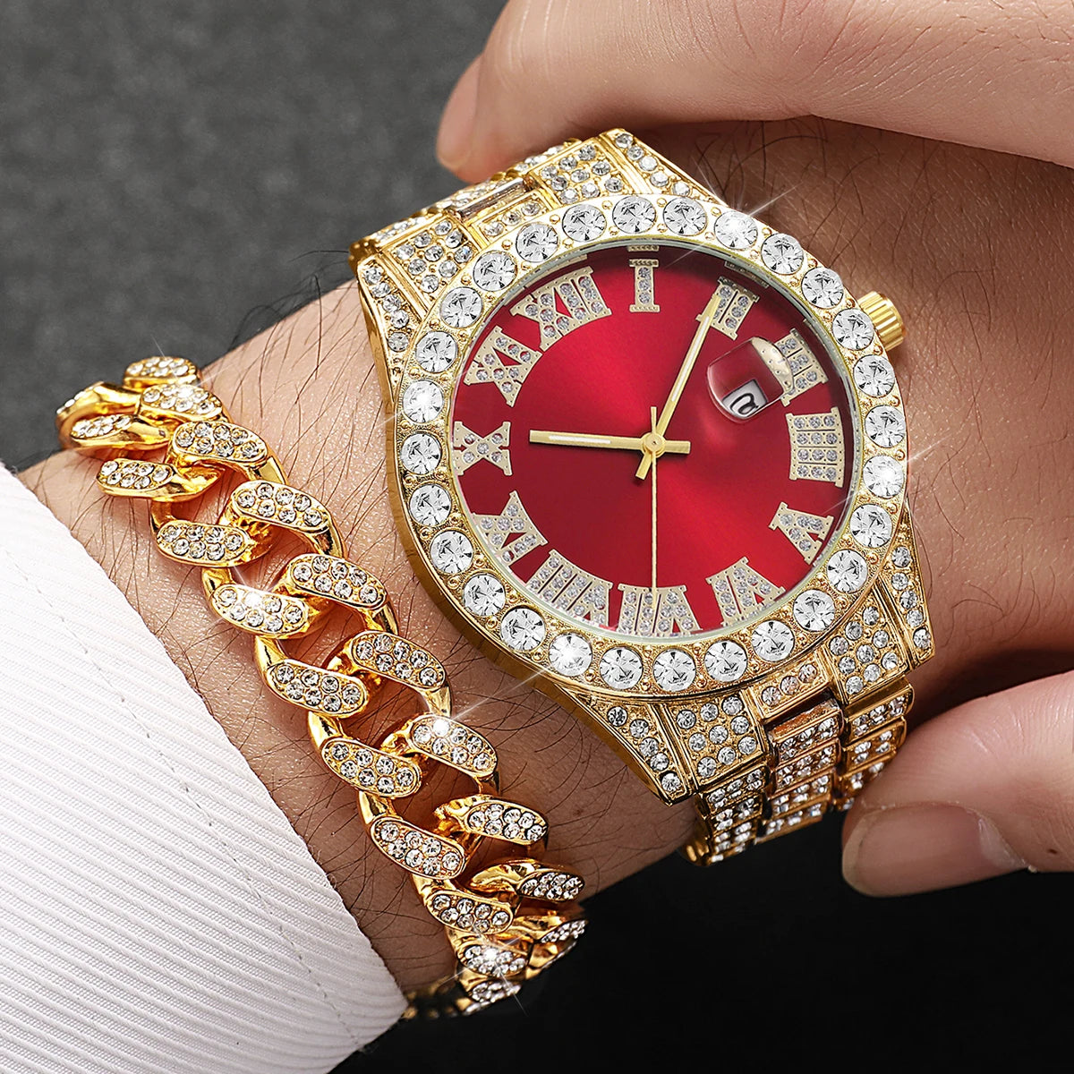 Men Iced Watch Set Red Crystal Cross Necklace Diamond Cuban Bracelet