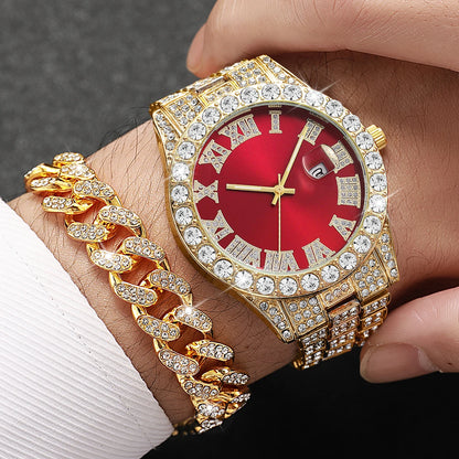 Men Iced Watch Set Red Crystal Cross Necklace Diamond Cuban Bracelet