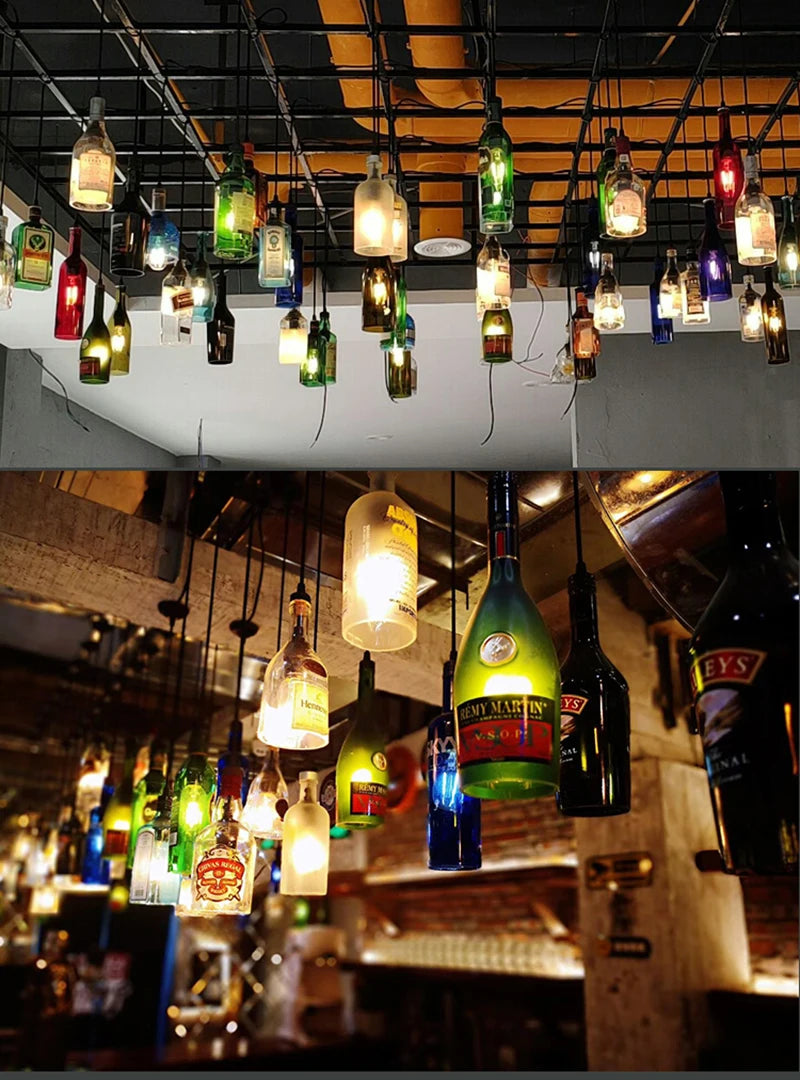 Retro Industrial Loft Wine Bottle Pendant Lights Restaurant Cafe Bar Glass Hanging Lamp Clothing Store Lustre Indoor Lighting