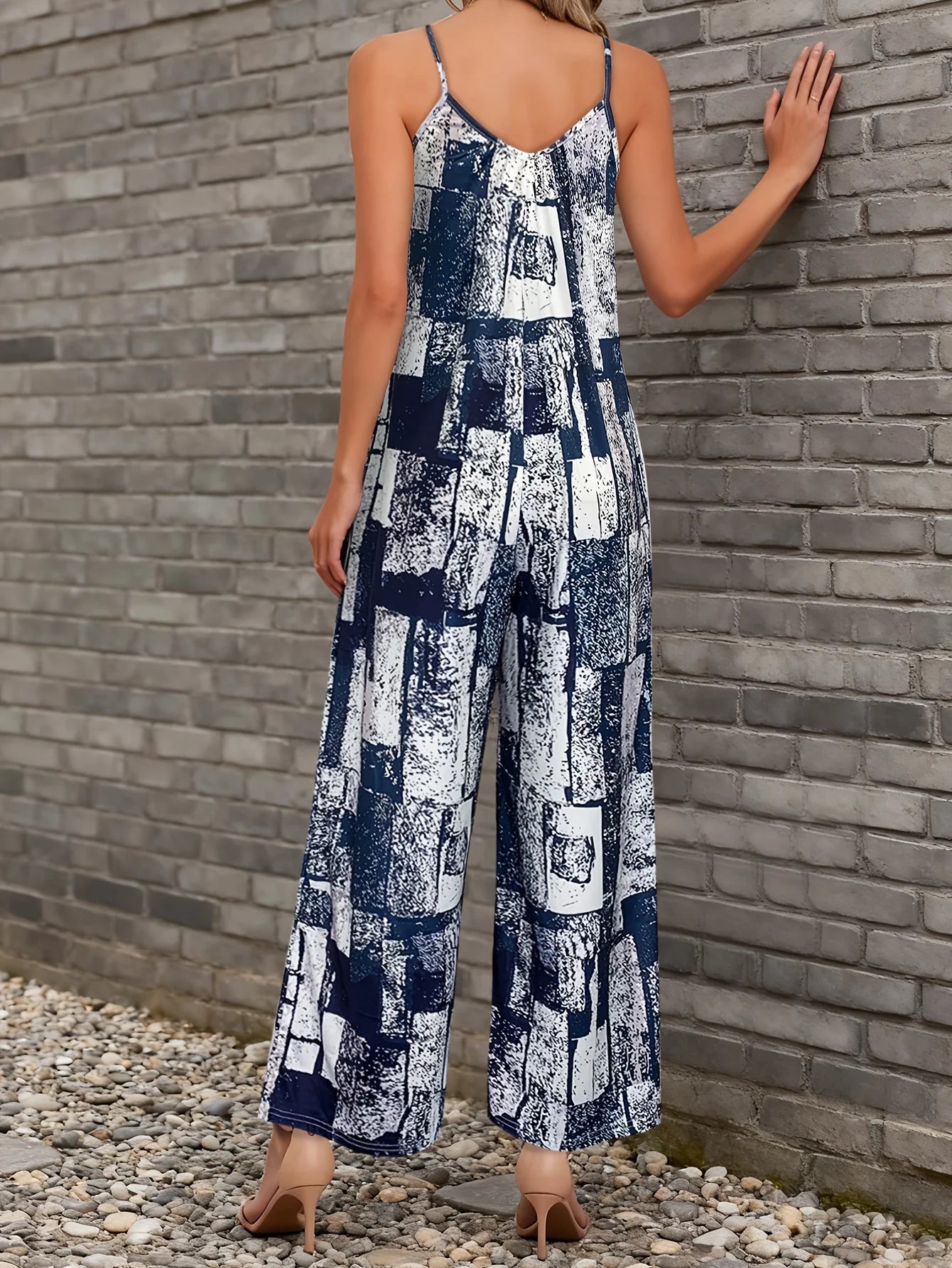 Women's Navy Abstract Block Print Spaghetti Strap Jumpsuit, V Neck Loose Wide Leg Pants Romper With Side Pockets