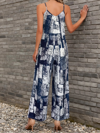 Women's Navy Abstract Block Print Spaghetti Strap Jumpsuit, V Neck Loose Wide Leg Pants Romper With Side Pockets