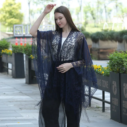 Women Sun Protection Shawl Lady Summer Hollow Out Lace Cardigan Holiday Bikini Blouse Breathable Beach Cape Sexy Long Tippet