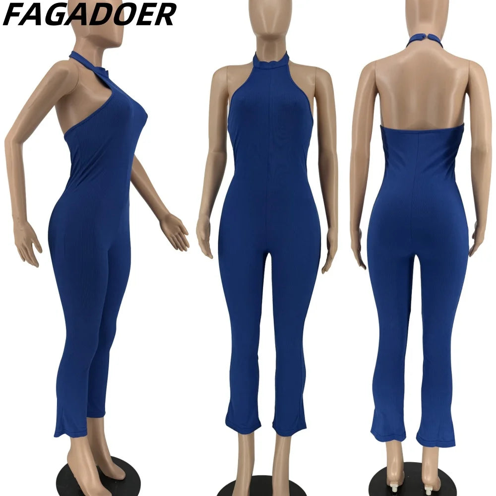 FAGADOER Casual Solid Bodycon Sporty One Pieces Jumpsuits Women Halter Sleeveless Backless Slim Playsuits Female Stacked Overall