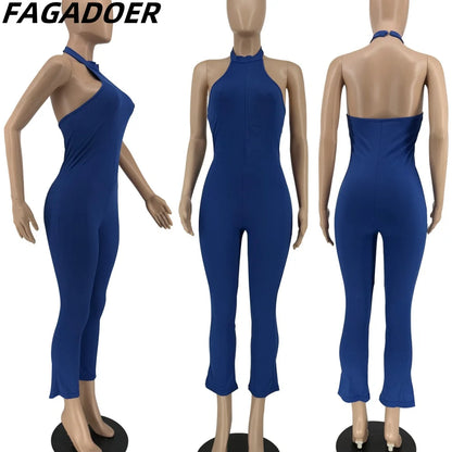 FAGADOER Casual Solid Bodycon Sporty One Pieces Jumpsuits Women Halter Sleeveless Backless Slim Playsuits Female Stacked Overall