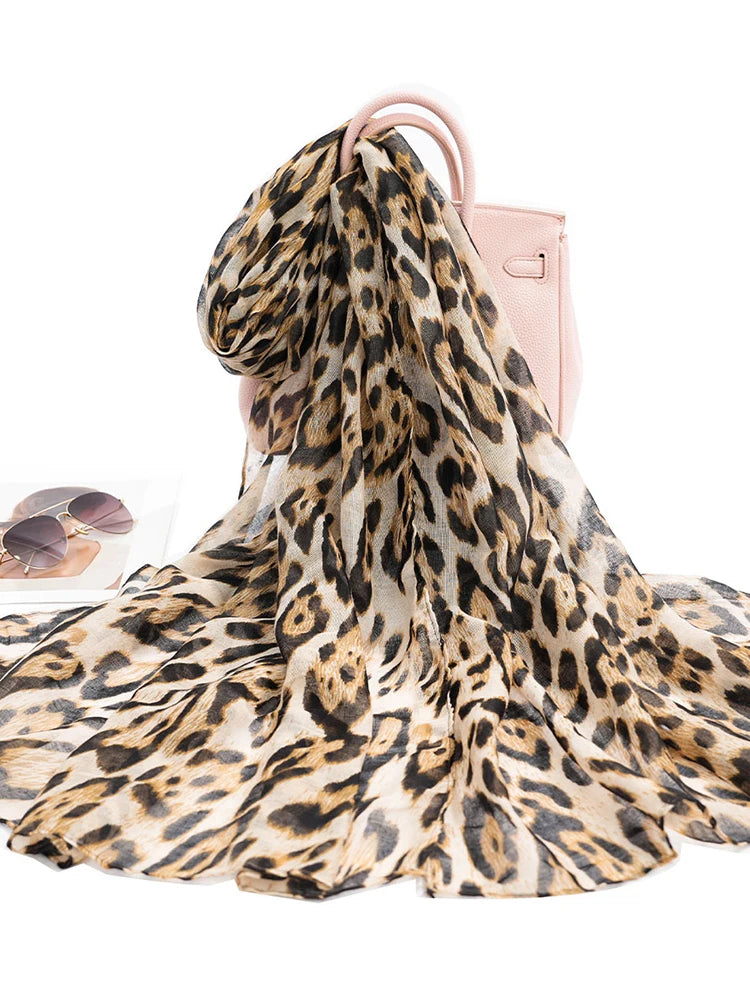 2025 New Vintage Voile Scarf Leopard Print Hijab for Women Lightweight Sunscreen Head Wrap Beach Cover-Up Windproof Travel Scarf