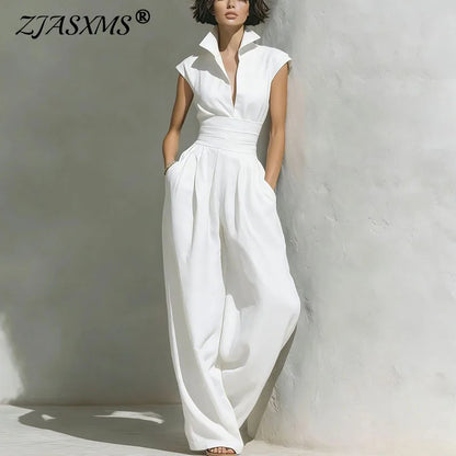 New Chic Solid Pockets Vacation Overalls Summer High Waist Low Cut Women's Romper Turn-down Collar Sleeveless Wide Leg Jumpsuits