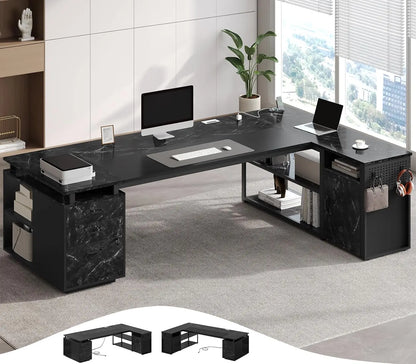 78" Executive Desk with Lockable File Cabinet, L Shaped Office Desk with Power Outlets, Large Executive Desk with, Customized