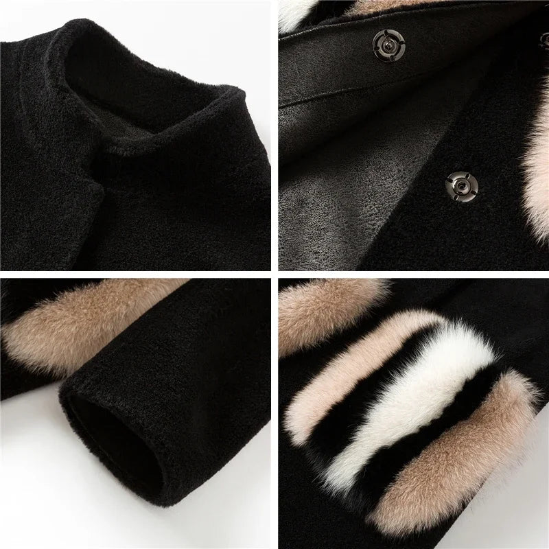 Pudi Women Winter Real Wool Fur Coat Jacket Over Size Parka Lady Fashion Natural Fox Fur Pocket Coats Outwear H68290