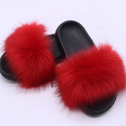 Women's  Faux Fox Fur Slides Fluffy Open Toe Slippers Indoor Outdoor Casual Flat Sandals Luxury Furry Slide Shoes for Ladies