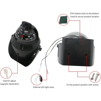 LED Light Electronic Compass, High Precision Pivoting Navigation Compass for Boat Car Marine Use