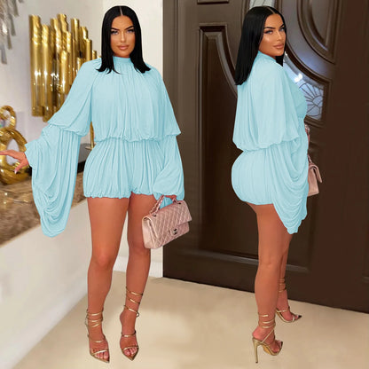 Jumpsuits Women One Piece Mock Neck Full Sleeve Short Pants Pleated Loose Elastic Waist Y2k Streetwear Jumpsuit Solid Work 2026
