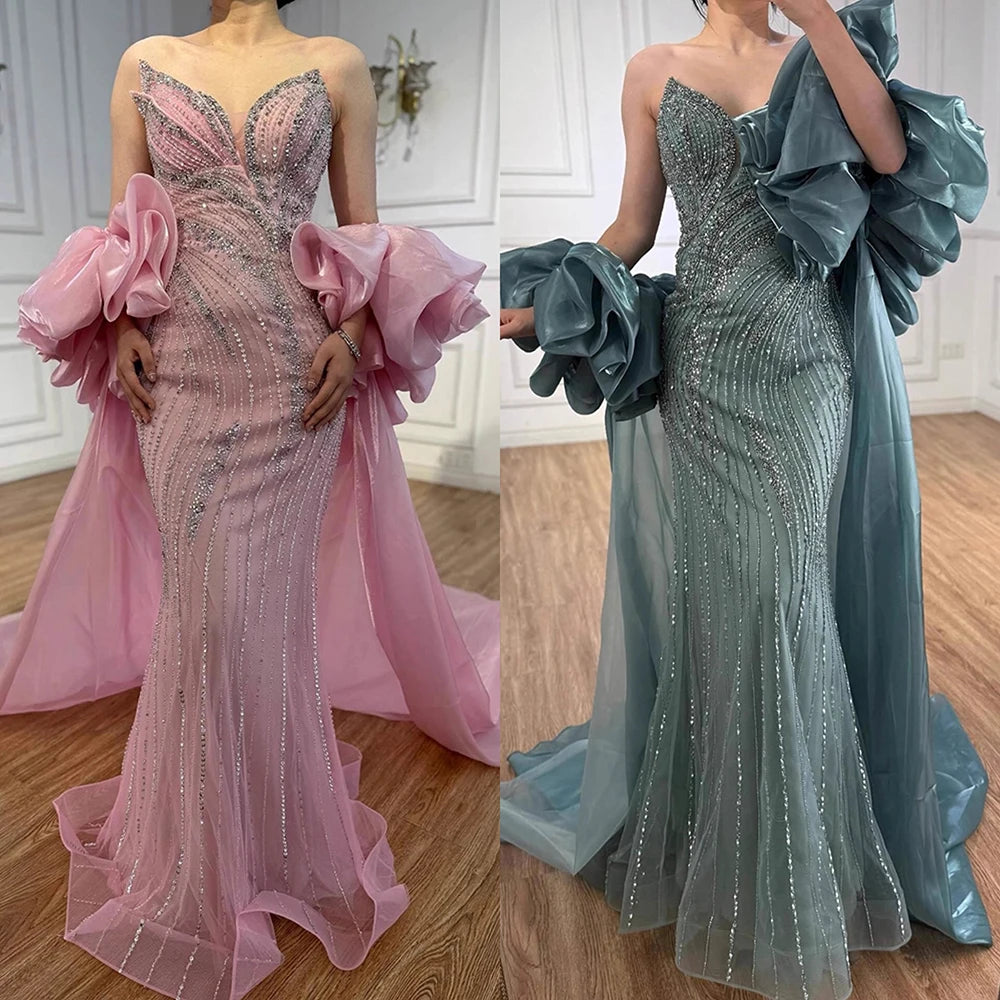 SERENE Hill 2026 Luxury Dubai Nude Strapless Mermaid Beaded Evening Dress with Detachable Sleeve Party Gown GLA72896 Customized