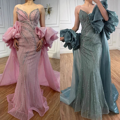 SERENE Hill 2026 Luxury Dubai Nude Strapless Mermaid Beaded Evening Dress with Detachable Sleeve Party Gown GLA72896 Customized