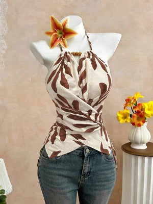 Women's Casual Cross Back Vest Plant Print Shoulder Bared Vest for Shopping Vacation Beach Travel Daily Casual Wear
