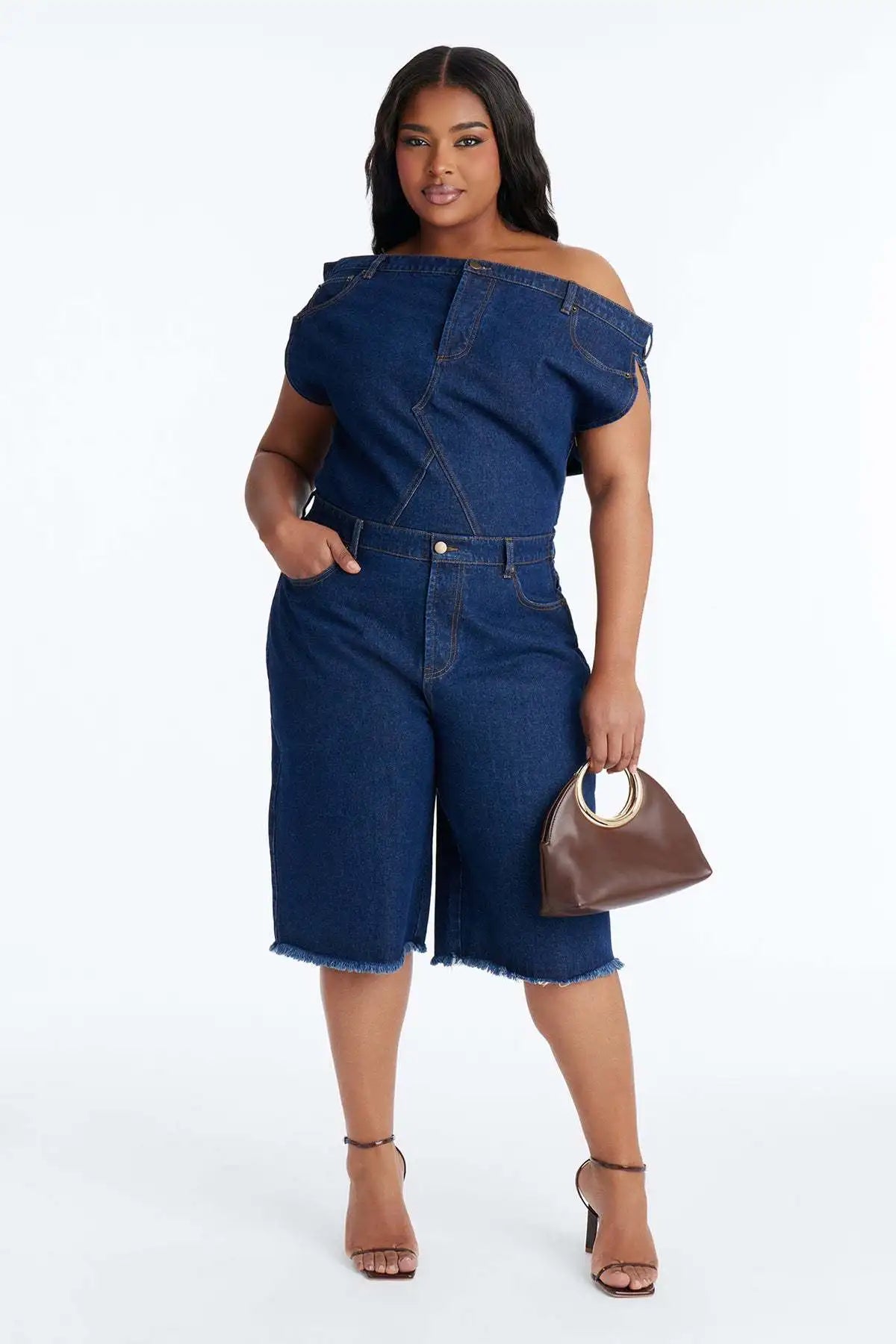 Jumpsuits Women Denim One Piece Short Sleeve Overalls Knee Length Pants Tight Waist Rompers Y2k Streetwear Slash Neck 2026