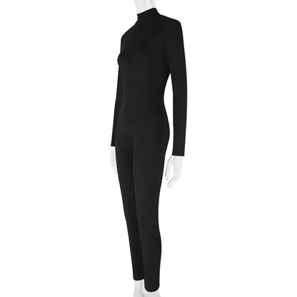 Autumn New Women's Jumpsuits Fashion Streetwear Long Sleeves Half High Collar Zippers Bodycon Rompers Black Sexy Lady Jumpsuits