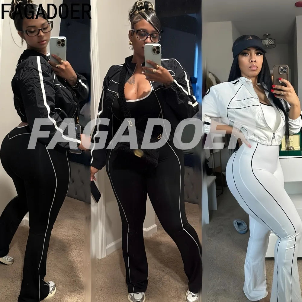 FAGADOER Trendy Women's Clothes Crop Jacket and Backless Jumpsuits 2 Piece Set Casual Workout Joggers Two Piece Outfits Woman