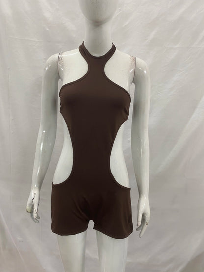 New Arrival: European and American Style Women's Sexy Halter Neck Backless Tight-Fitting Hollowed-Out Bodysuit, Solid Color Top