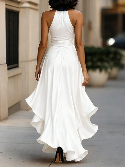 Women's Deep V-Neck Ruffled Evening Gowns Solid Lace-Up High Waist Satin Party Dresses Elegant Temperament Wedding Guests Dress