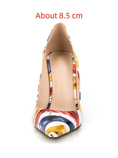 Multicolor Abstract Graffiti Print Pointed Toe Stiletto Pumps, Women Thin Heel Evening Shoes for Wedding, Formal Party and Night