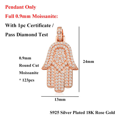 EWYA Hamsa Hand Full 0.9mm Moissanite Pendant Necklace for Woman Men 925 Silver Pass Diamond Test Hip Hop Fine Neck Jewelry Gift