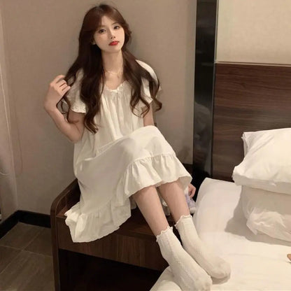 Casual Bowknot Women's Pajama Dress Short Sleeve Loose Ruffle Nightdress Home Wear Sleepwear Princess Nightgown Female
