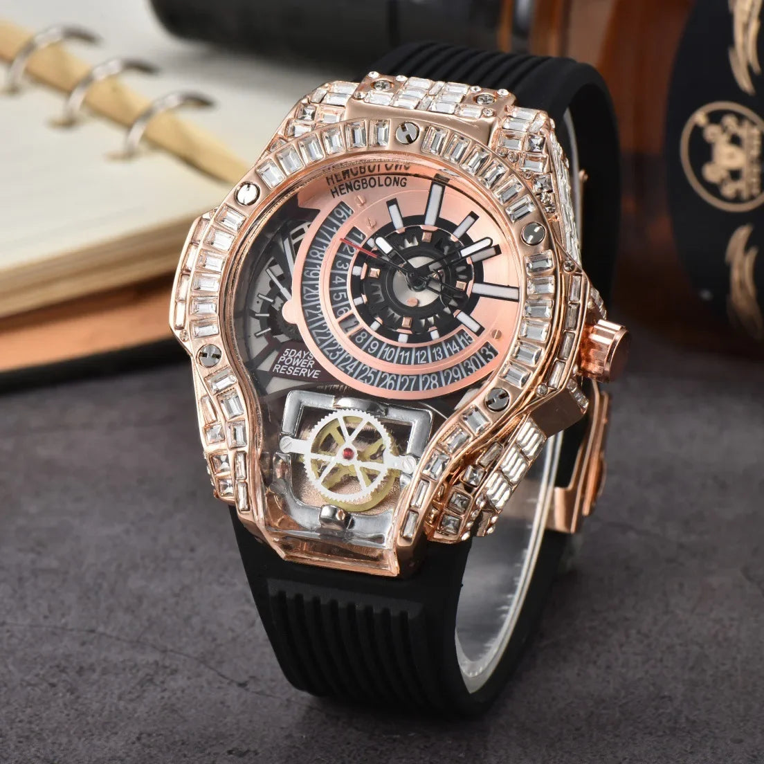 Business Full Diamond Case Luxury Top Mens Watches Rubber Strap Color Creative Decorative Quartz Watch Men AAA Clocks Relogio