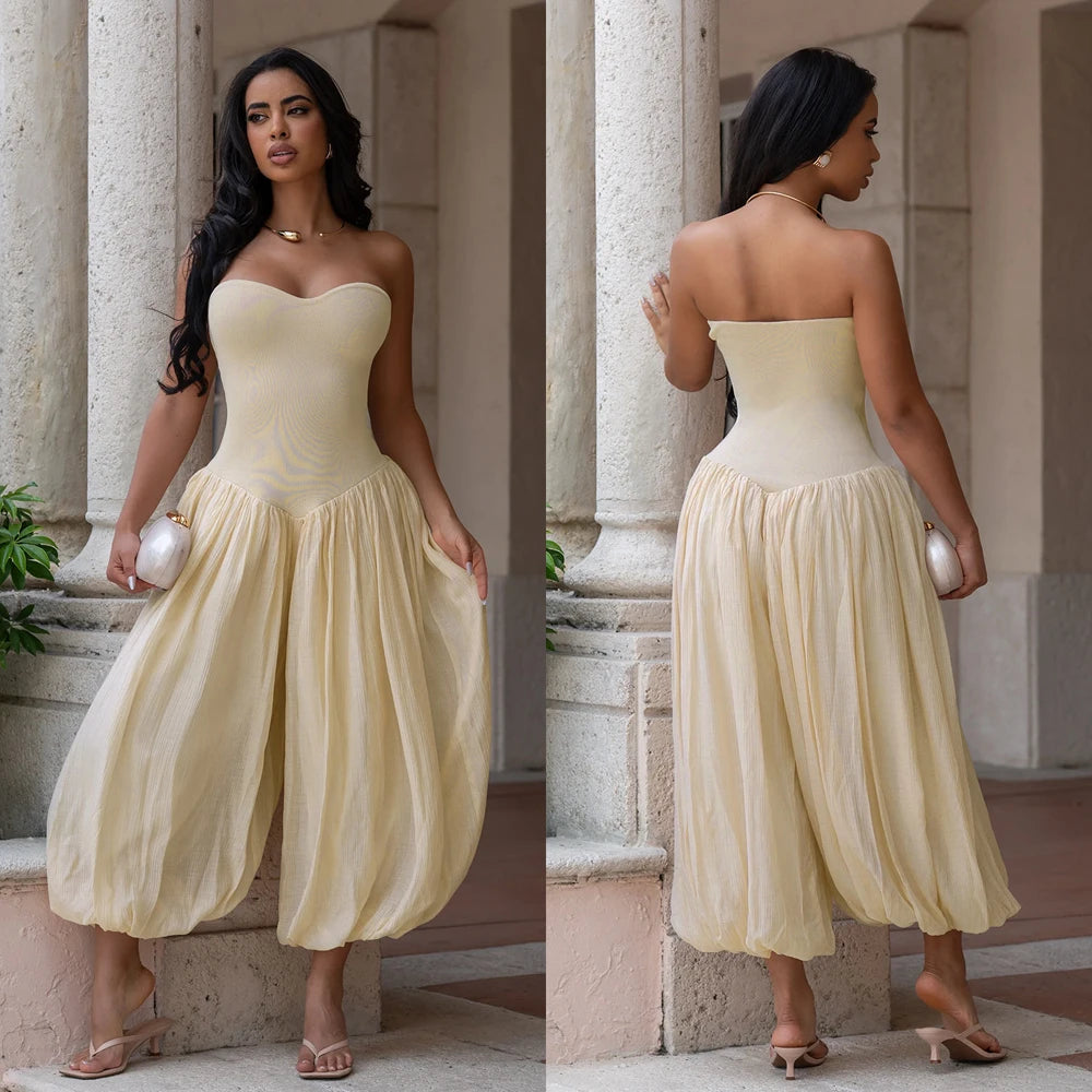 Summer Patchwork Cute and Sweet Pink Strapless Jumpsuits Midi Pants One Piece Rompers Slim Fit Women Ruched Party Jumpsuit
