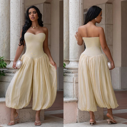 Summer Patchwork Cute and Sweet Pink Strapless Jumpsuits Midi Pants One Piece Rompers Slim Fit Women Ruched Party Jumpsuit