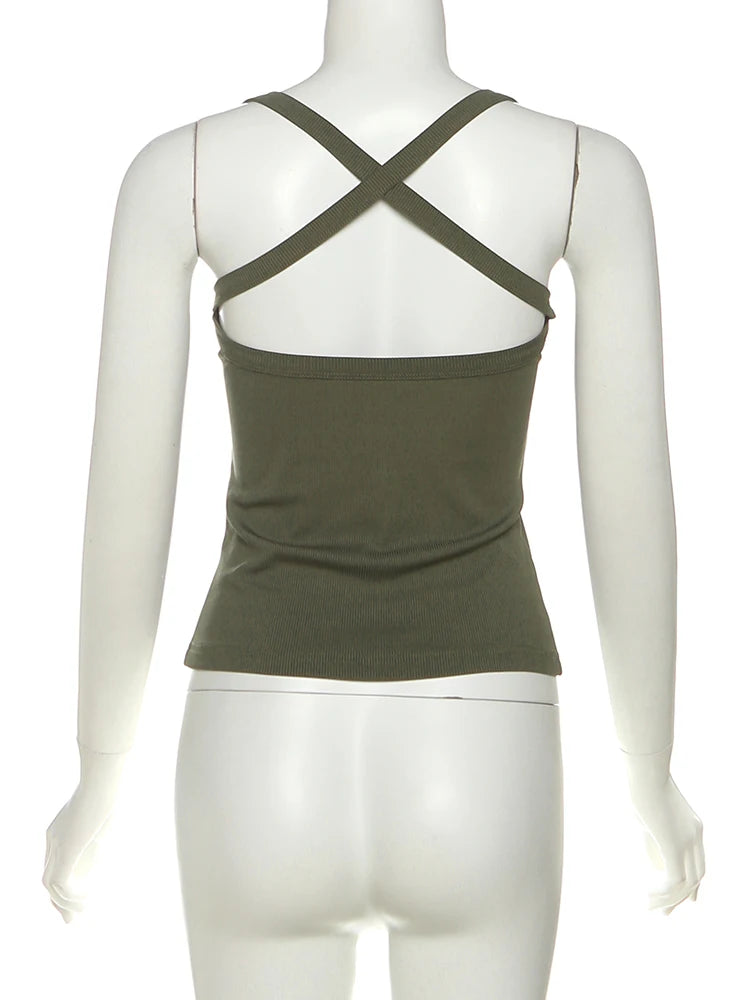 Sisterlinda Low-Neck Vest Women Cross Shoulder Strap Solid Skinny Stretch Sexy Midnight Hottie Beach Party Sporty Basis Tops