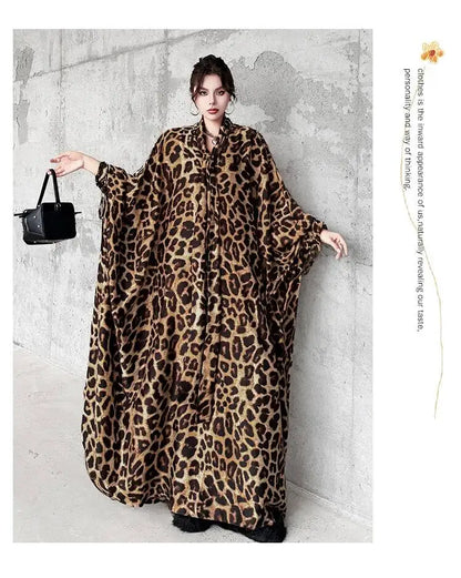 Leopard Print Loose Bat-sleeve Dress Women Summer Stand-up Collar Tie-waist Oversize Slimming Casual Long Dress XY420