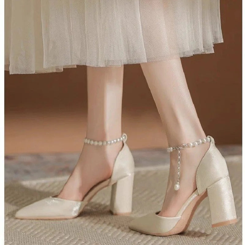 2025 New Elegant Pearl-Embellished Satin Heels - 5cm Chunky Low Heel Bridal Shoes with Adjustable Ankle Strap