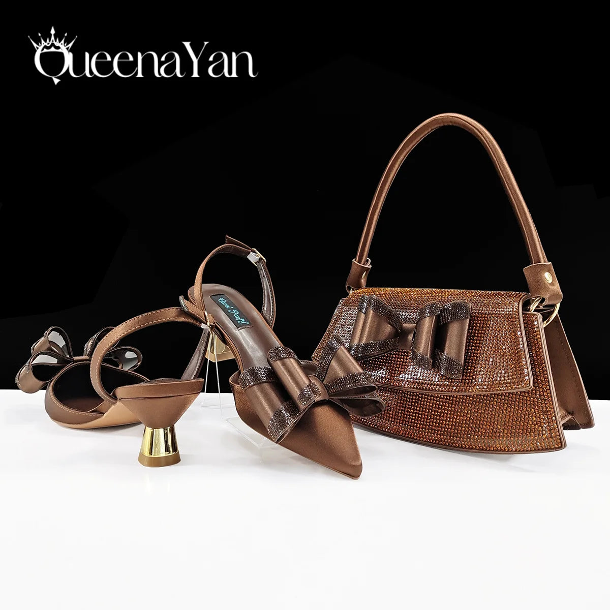 Queena Yan Hot Selling Fashion Mature Coffee Color Butter-fly Design Pointed Toe High Heel Party Wedding Lady Shoes and Bag Set
