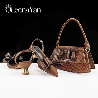 Queena Yan Hot Selling Fashion Mature Coffee Color Butter-fly Design Pointed Toe High Heel Party Wedding Lady Shoes and Bag Set