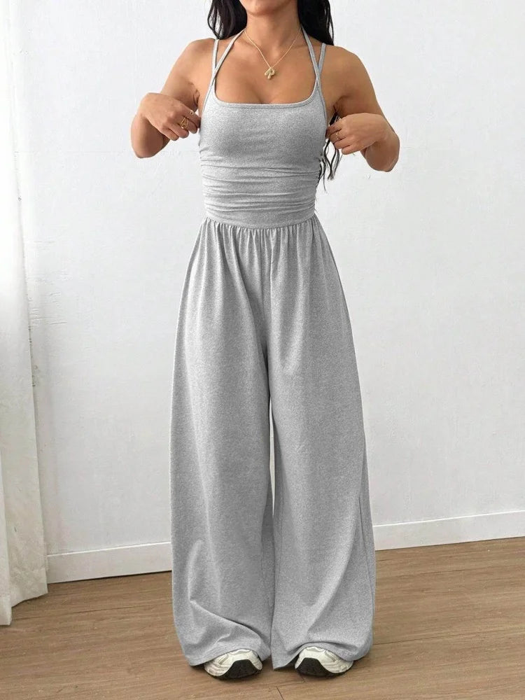 Spaghetti Strap Jumpsuit Square Neck Ruched Waist Wide Leg Long Pant Outfit For Women Daily Travel Outdoor Casual Lounge Stylish Garment