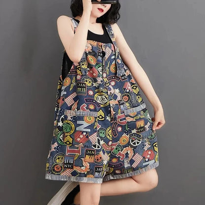 Jumpsuit Playsuits Women Jeans Printed Rompers New Summer Retro Large Size Loose Denim Strap Overalls Fashion Wide-leg Pants