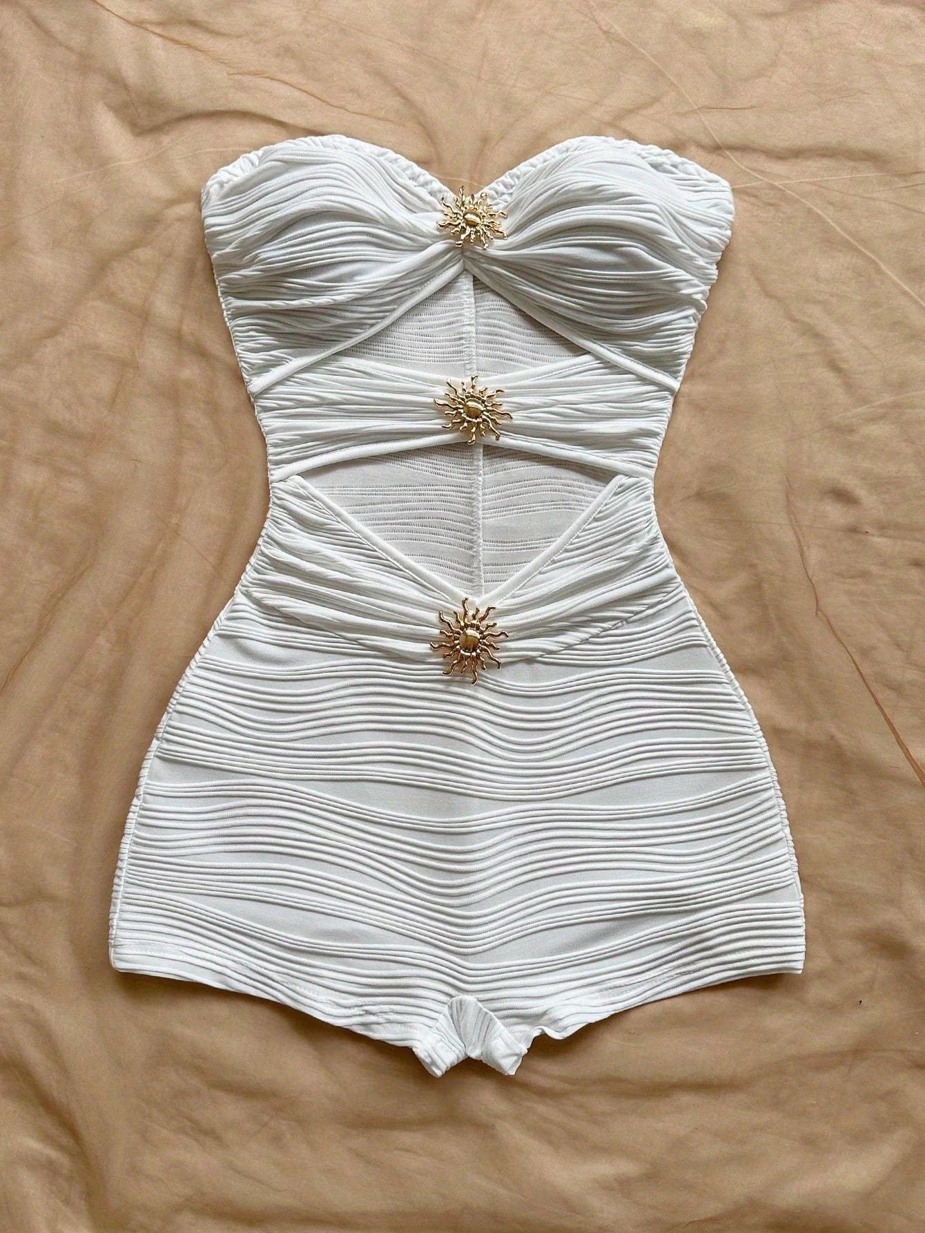 Summer White Bodycon Romper, Strapless with Sun Metal Accents