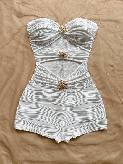 Summer White Bodycon Romper, Strapless with Sun Metal Accents