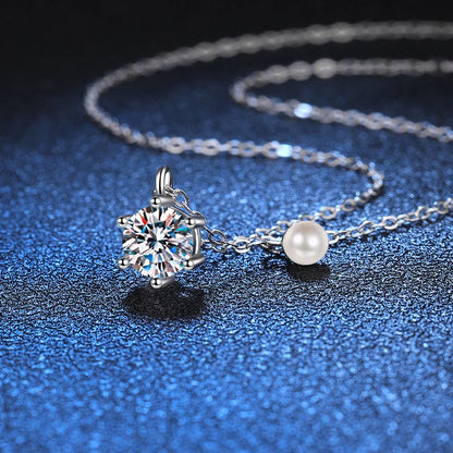 Butterflykiss 0.5/1ct Moissanite Solitaire Necklace For Women Pearl Pendant White Gold Plated S925 Sterling Silver Jewelry Gifts