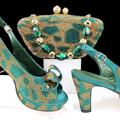 Nigerian Fashion Design Girly Style Party Shoes And Bag Sexy High Heels And Full Diamond Dual Purpose Mini Bag Women's Shoes