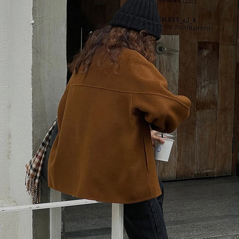 Women Winter Woolen Coat Fall Turn-Down Collar Single Breasted Loose Female Long Sleeve Jacket Office Lady Street Short Coats