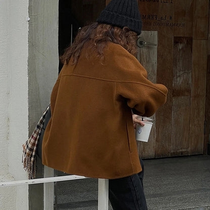 Women Winter Woolen Coat Fall Turn-Down Collar Single Breasted Loose Female Long Sleeve Jacket Office Lady Street Short Coats