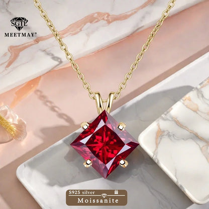 BOCARMAN S925 Sterling Silver Necklace with Colorful Princess Cut Moissanite Inlay Clavicle Chain Pendant for Women Gift