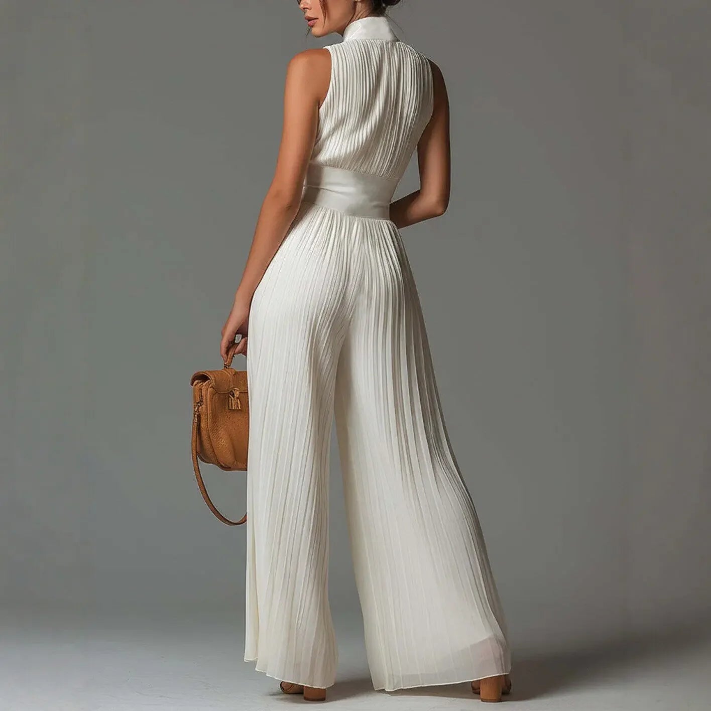 Sleeveless Pleated Wide Leg Jumpsuit Stand Collar Front Zipper Deep V Flowy Chiffon Pant Romper Women Elegant Formal Outfit
