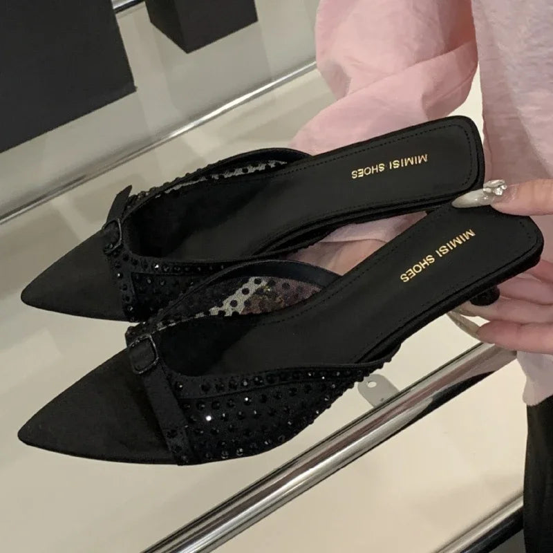 Luxury Rhinestone Mesh Kitten Heel Slippers Women Summer Sexy Pointed Toe Backless Slide Sandals Fashion Brand Designer Shoes
