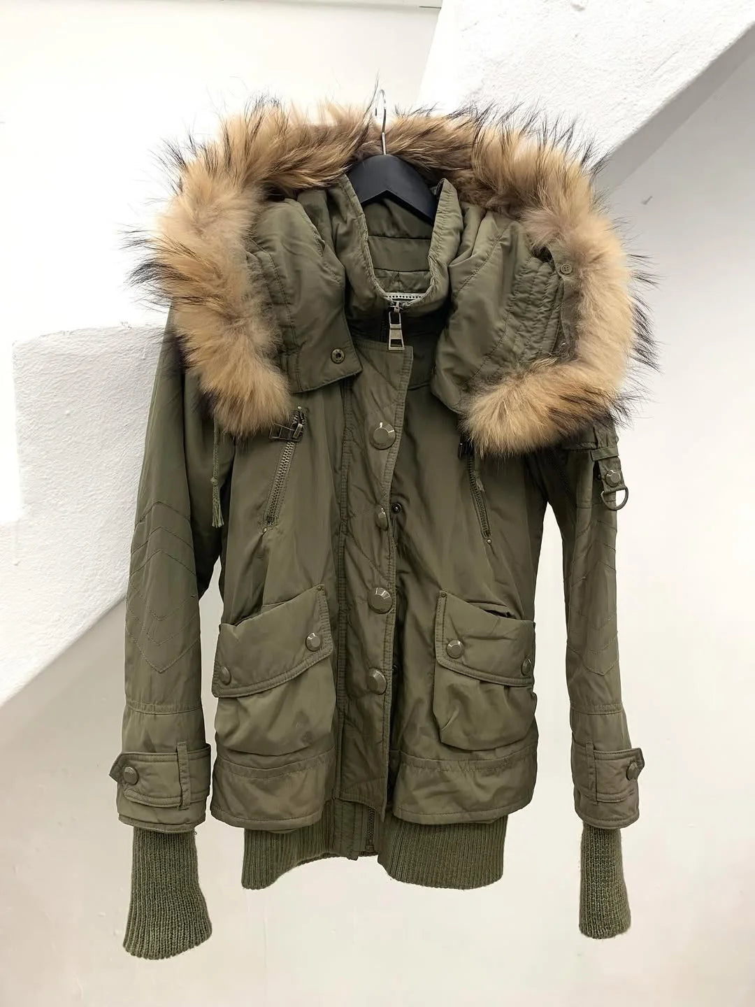 Women's Daily Commute Army Green Thicken with Fur Collar Warm Design Cardigan for Winter Harajuku Japanese Style Simple Jackets