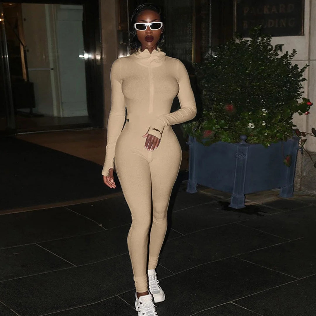 Fashion Workout Active Wear Ribbed Rompers Womens Jumpsuit Long Sleeve Fitness Embroidery Lucky Label Letter Zipper Jumpsuits