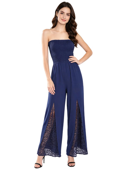 Women Strapless Jumpsuit Bandeau Elastic Bodice Sheer Floral Lace Patchwork Wide Leg Romper for Beach Vacation Party